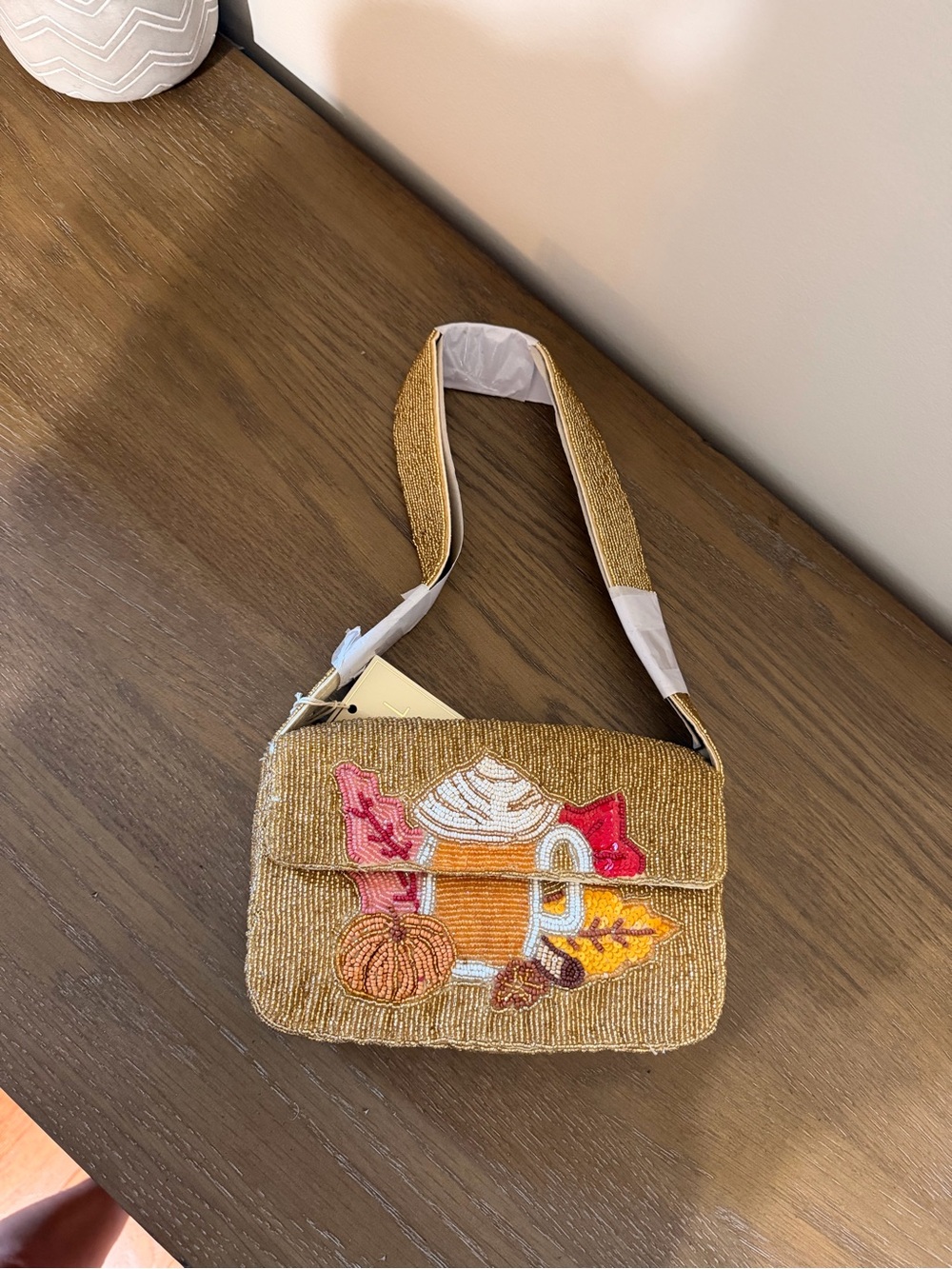PSL LOVERS! Beaded Autumn Mug Shoulder Bag - Gold with leaves and mini pumpkin.